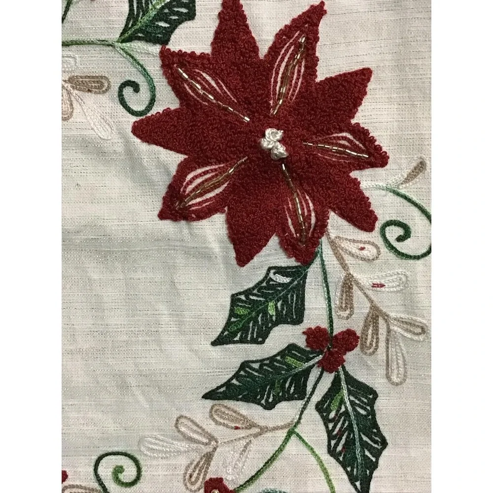 Rachel Zoe Christmas Table Runner Poinsettia Beaded Embroidered 16x72 Holiday